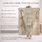 Christian patchwork look baby blanket with faith symbols in a soft quilt-style design. Neutral tones, optional name, perfect baptism gift.