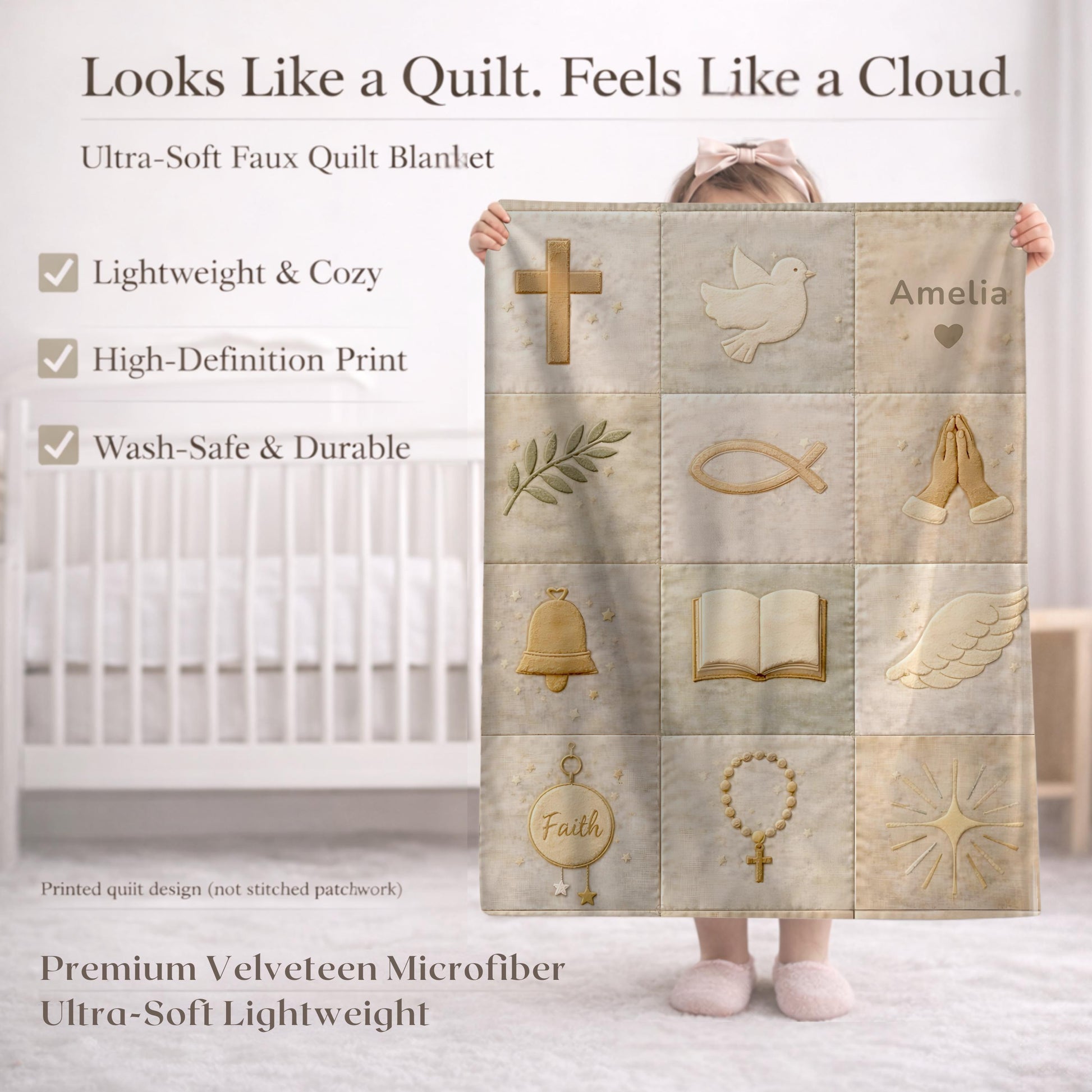 Christian patchwork look baby blanket with faith symbols in a soft quilt-style design. Neutral tones, optional name, perfect baptism gift.