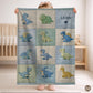 Personalized patchwork look baby blanket with cute dinosaurs in a soft quilt-style design. Neutral nursery colors with custom name panel.