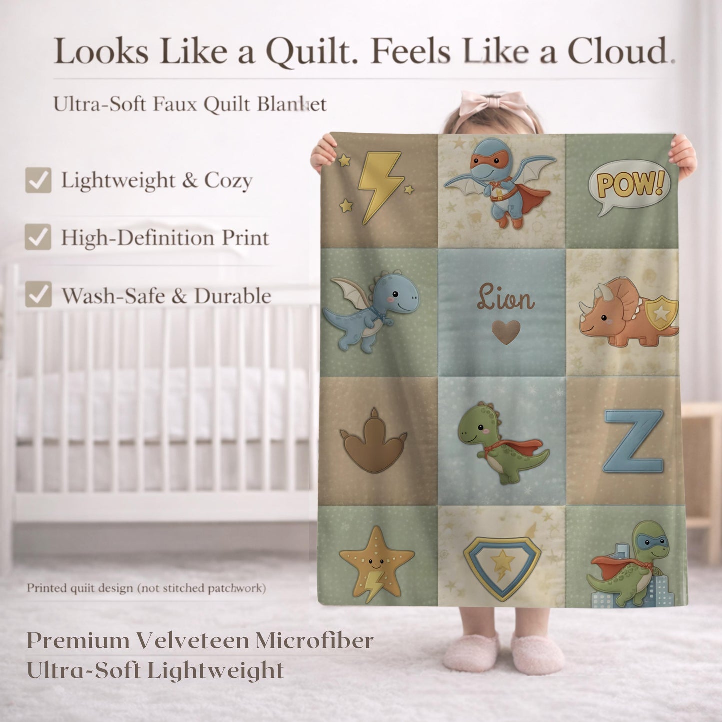 Superhero dinosaur baby blanket with name in playful action theme. Personalized dino hero design for fun nursery decor and unique baby gifts.
