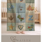 Superhero dinosaur baby blanket with name in playful action theme. Personalized dino hero design for fun nursery decor and unique baby gifts.