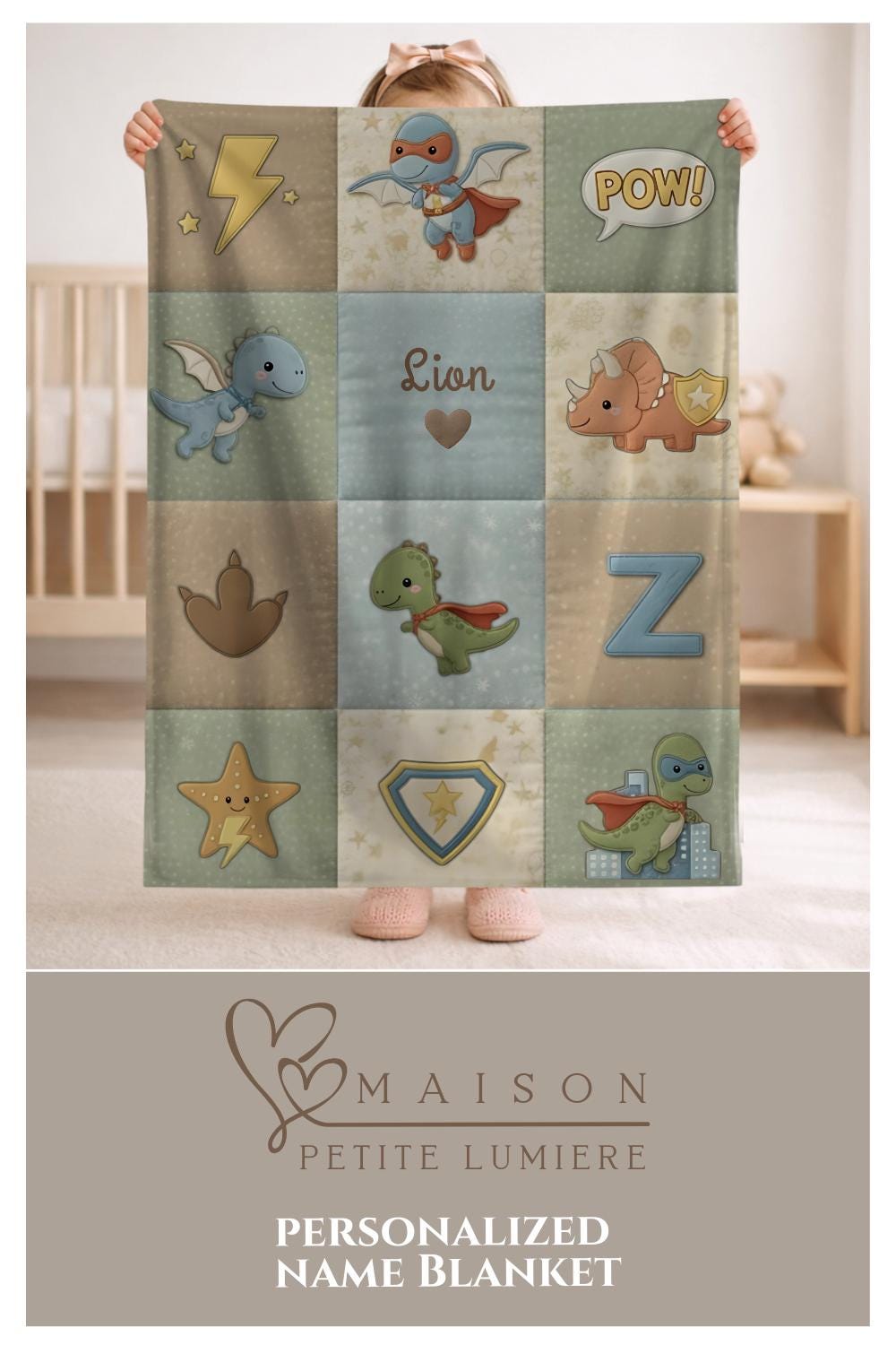 Superhero dinosaur baby blanket with name in playful action theme. Personalized dino hero design for fun nursery decor and unique baby gifts.