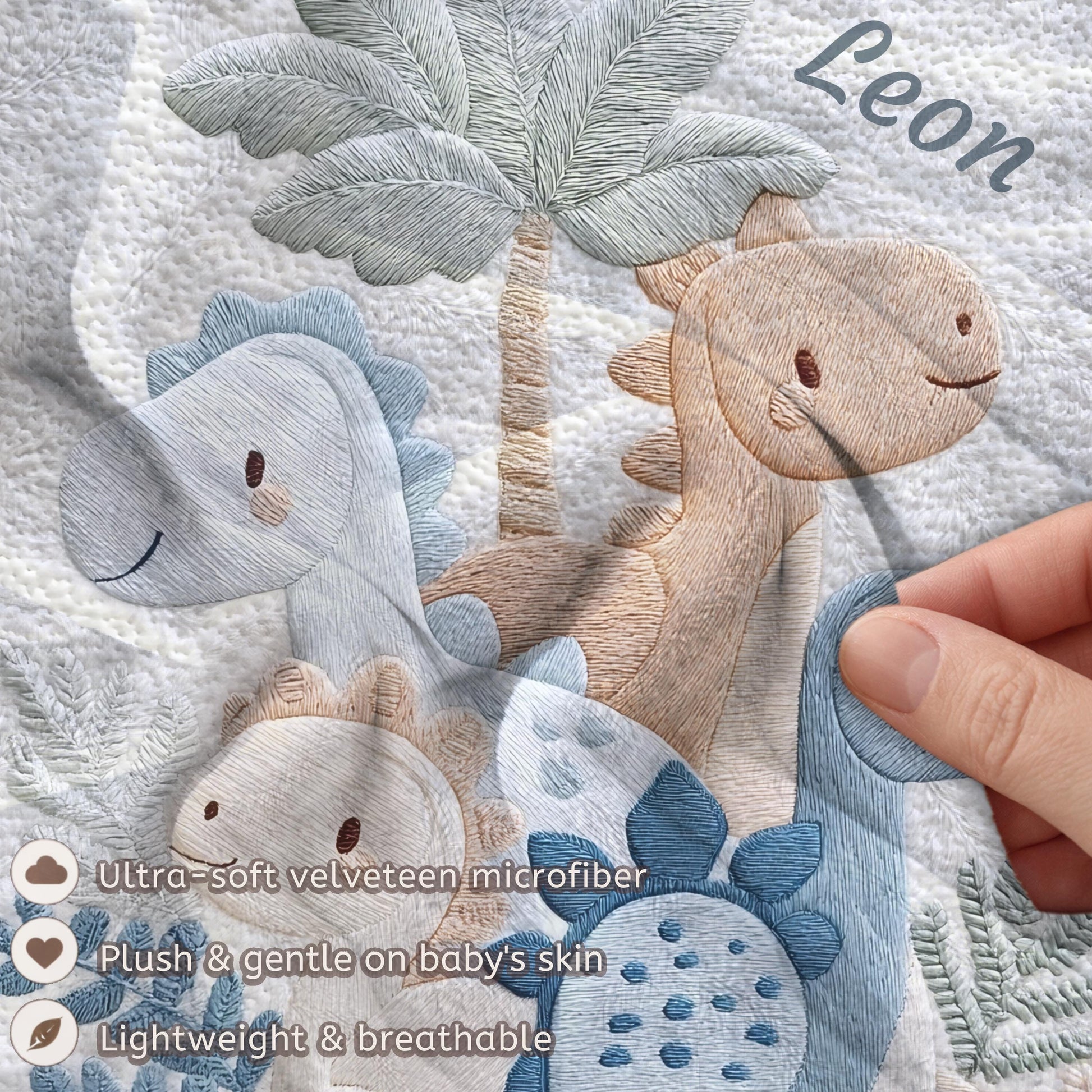 Personalized Dinosaur baby blanket with name - embroidered look details in soft neutral colors. A cozy newborn blanket and timeless boutique baby gift.