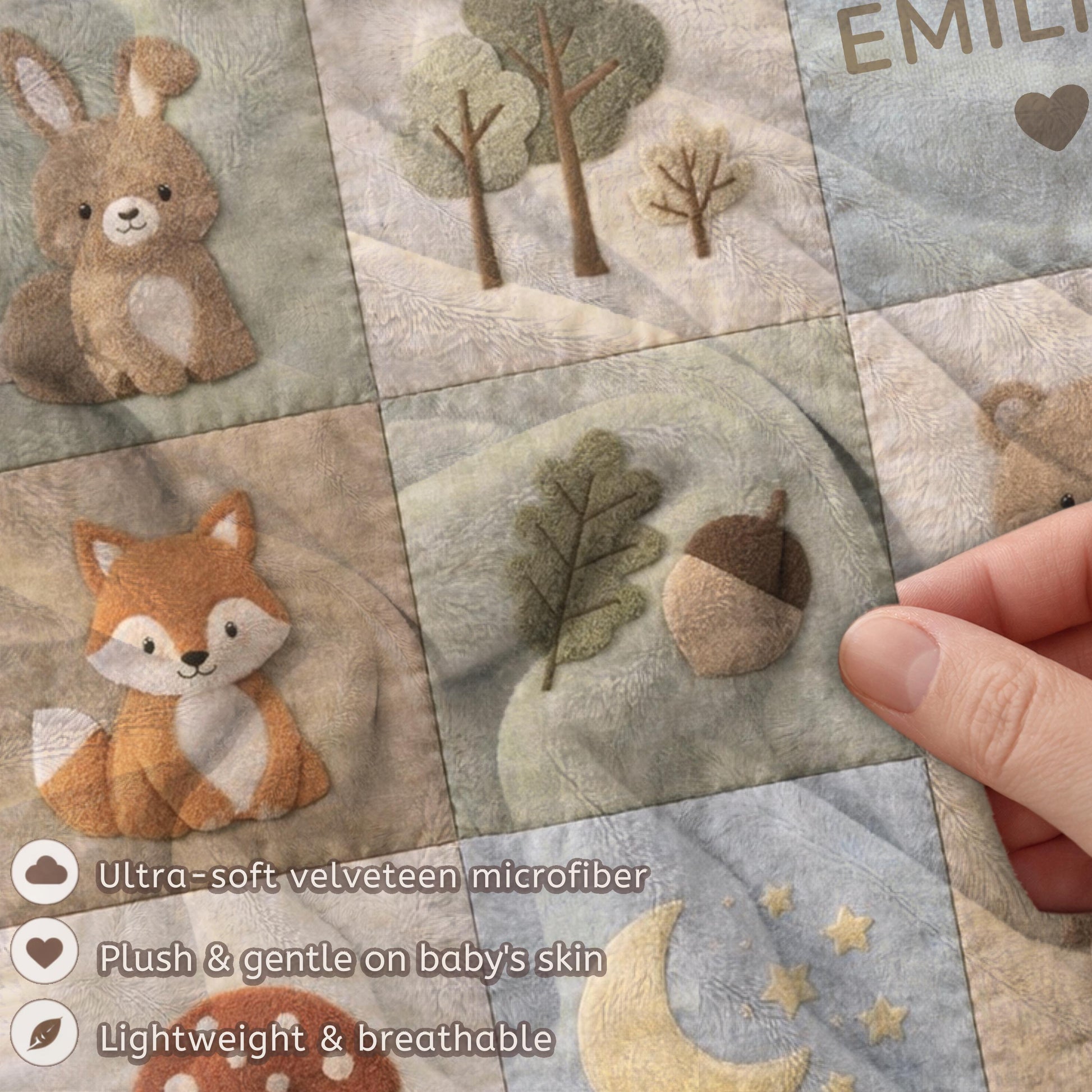 Personalized woodland baby blanket with forest patchwork quilt look in soft neutral colors. Cozy newborn blanket and boutique nursery gift.