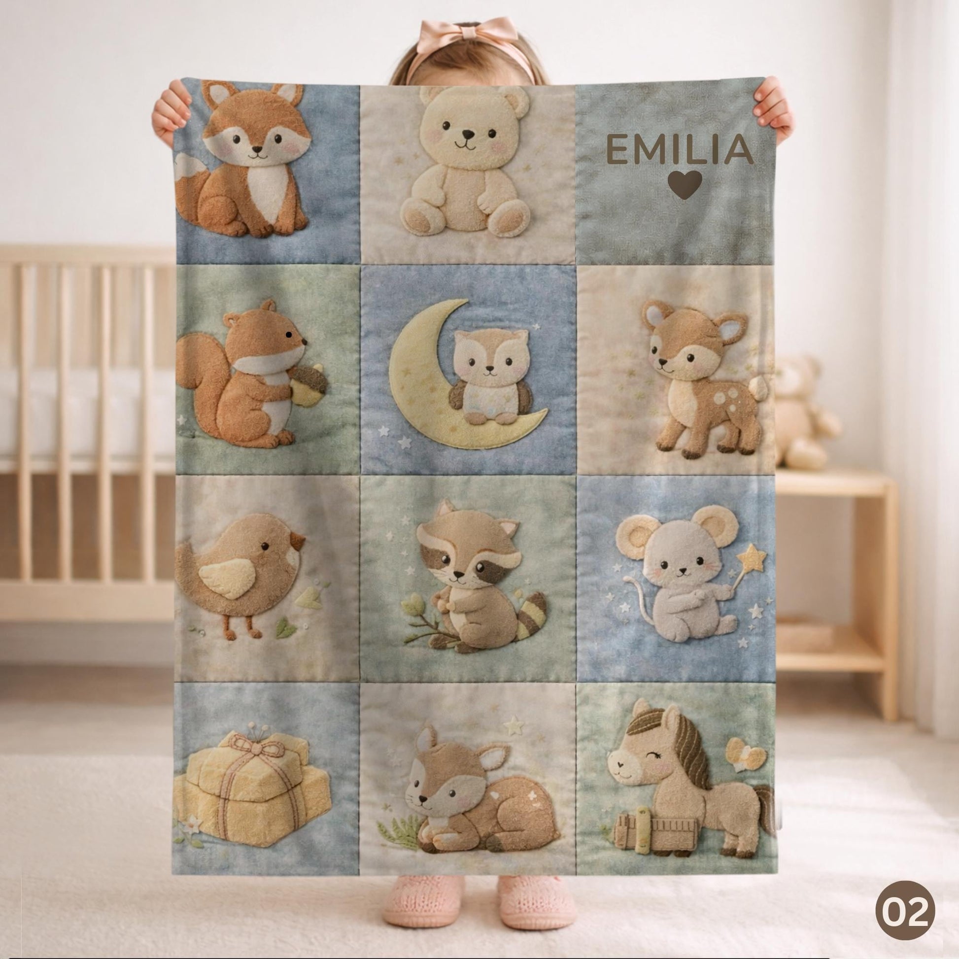 Personalized patchwork look baby blanket with name and sweet woodland animals like fox, deer and bear in a soft quilt style design. Cozy newborn gift.