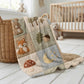 Personalized patchwork look baby blanket with name and sweet woodland animals like fox, deer and bear in a soft quilt style design. Cozy newborn gift.