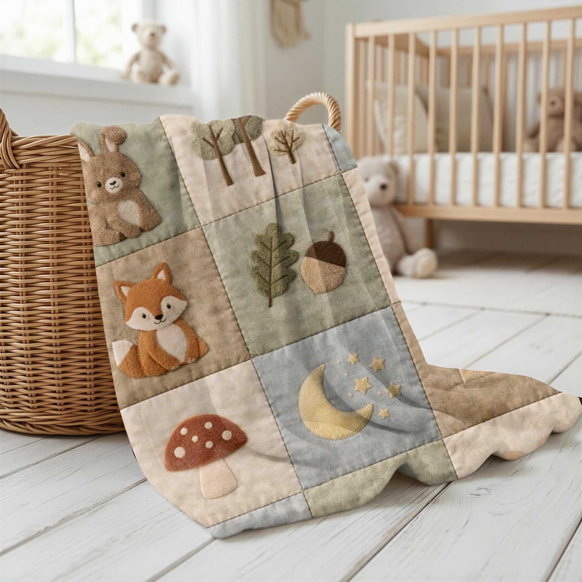 Personalized patchwork look baby blanket with name and sweet woodland animals like fox, deer and bear in a soft quilt style design. Cozy newborn gift.