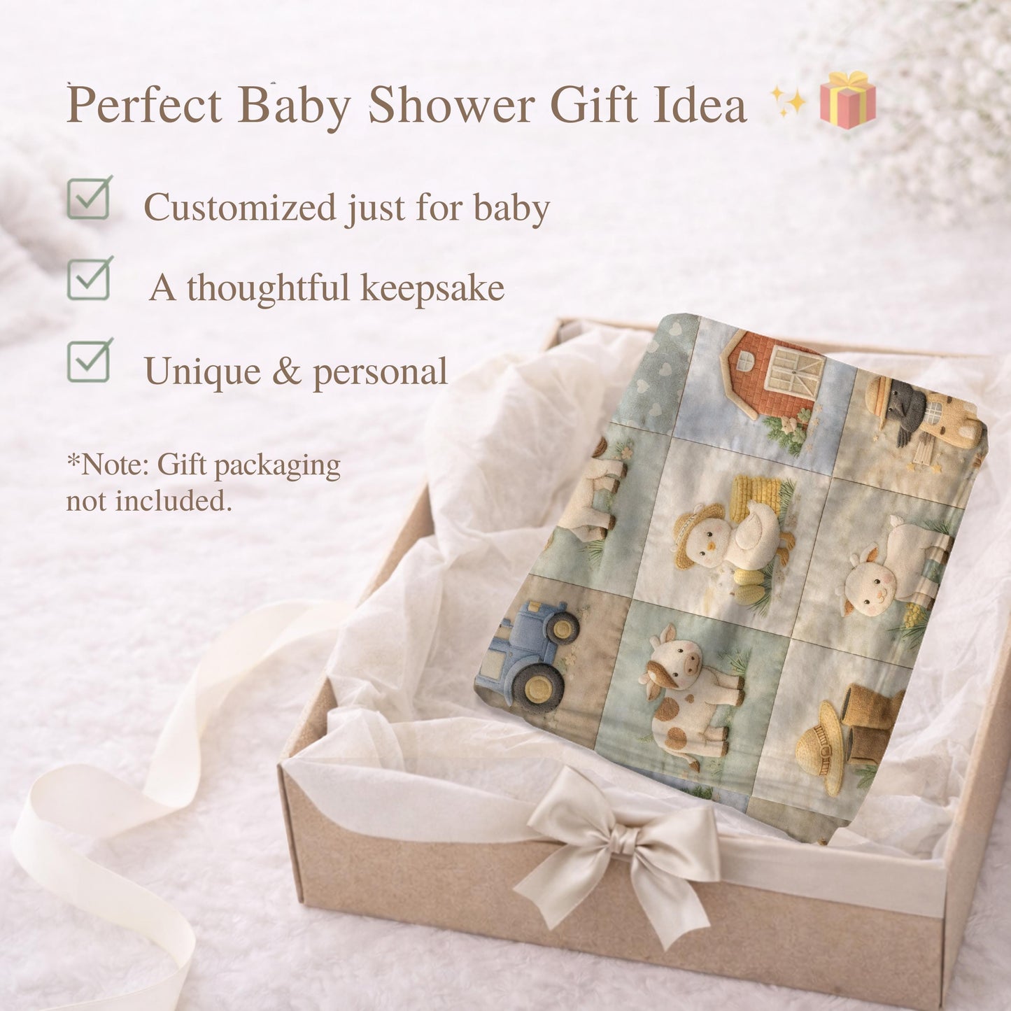 Personalized patchwork look baby blanket with farm quilt design in soft neutral colors. A cozy newborn blanket and timeless boutique baby gift.