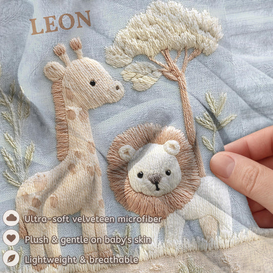Personalized Safari baby blanket with name - embroidered look details in soft neutral colors. A cozy newborn blanket and timeless boutique baby gift.