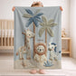 Personalized Safari baby blanket with name - embroidered look details in soft neutral colors. A cozy newborn blanket and timeless boutique baby gift.
