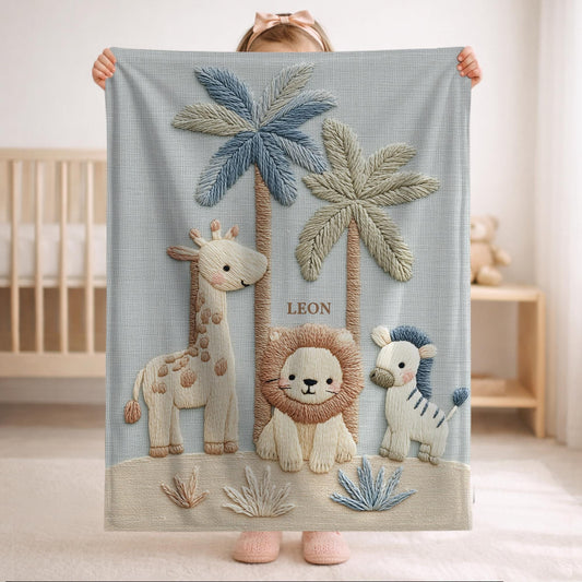 Personalized Safari baby blanket with name - embroidered look details in soft neutral colors. A cozy newborn blanket and timeless boutique baby gift.