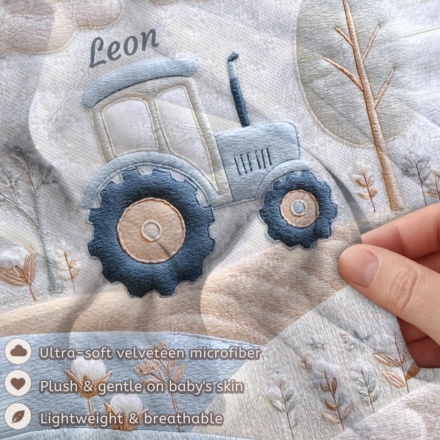 Personalized Traktor baby blanket with name - embroidered look details in soft neutral colors. A cozy newborn blanket and timeless boutique baby gift.