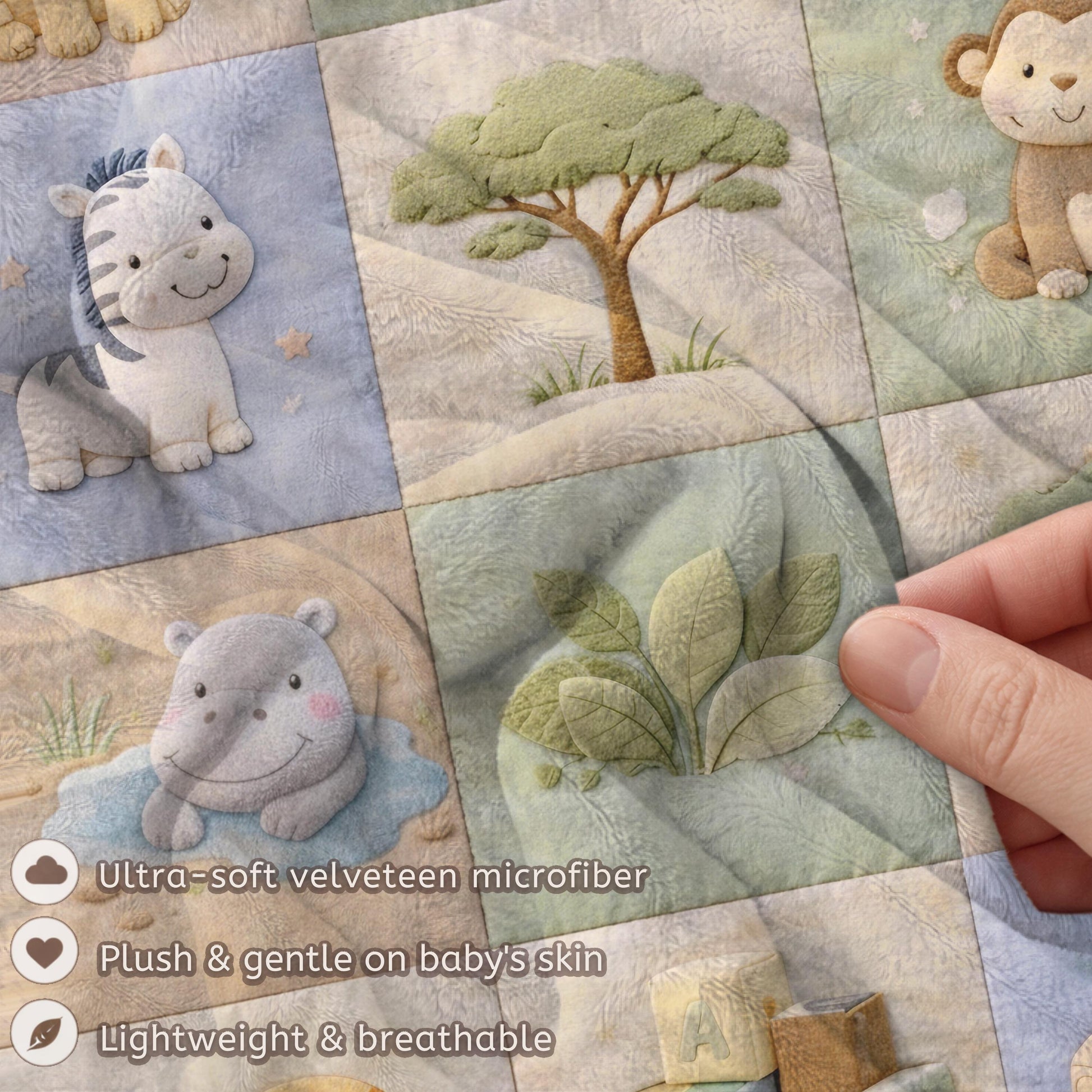 Personalized patchwork look baby blanket with name and sweet safari animals like lion, elephant and monkey in a soft quilt style design.