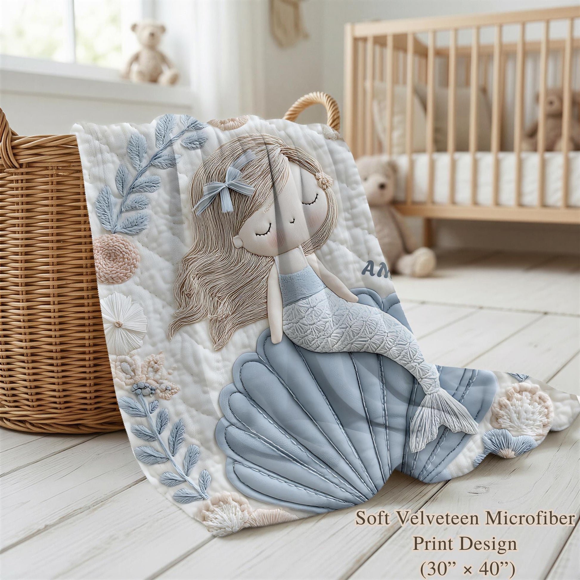 Soft embroidered-look mermaid baby blanket with a calm mermaid seashell design and pastel florals. Neutral tones, cozy fabric — a boutique newborn gift for serene, modern nursery decor.