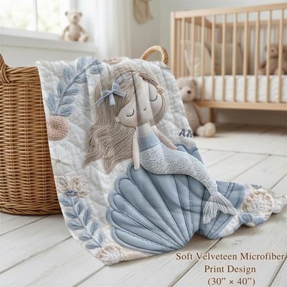 Soft embroidered-look mermaid baby blanket with a calm mermaid seashell design and pastel florals. Neutral tones, cozy fabric — a boutique newborn gift for serene, modern nursery decor.