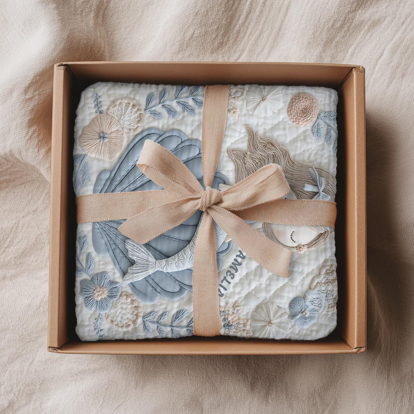 Soft embroidered-look mermaid baby blanket with a calm mermaid seashell design and pastel florals. Neutral tones, cozy fabric — a boutique newborn gift for serene, modern nursery decor.