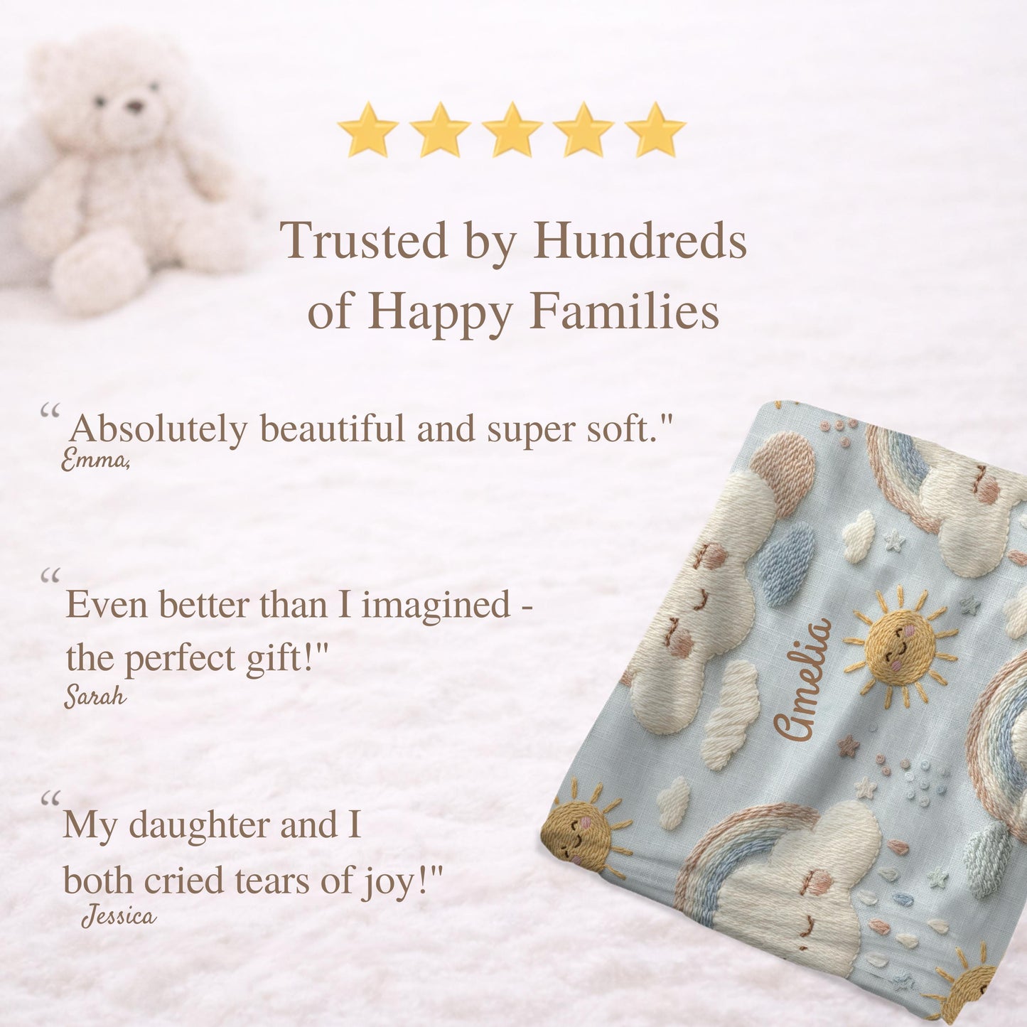 Personalized baby blanket in stitched look with dreamy clouds and rainbow. Soft neutral nursery decor and unique baby shower gift.