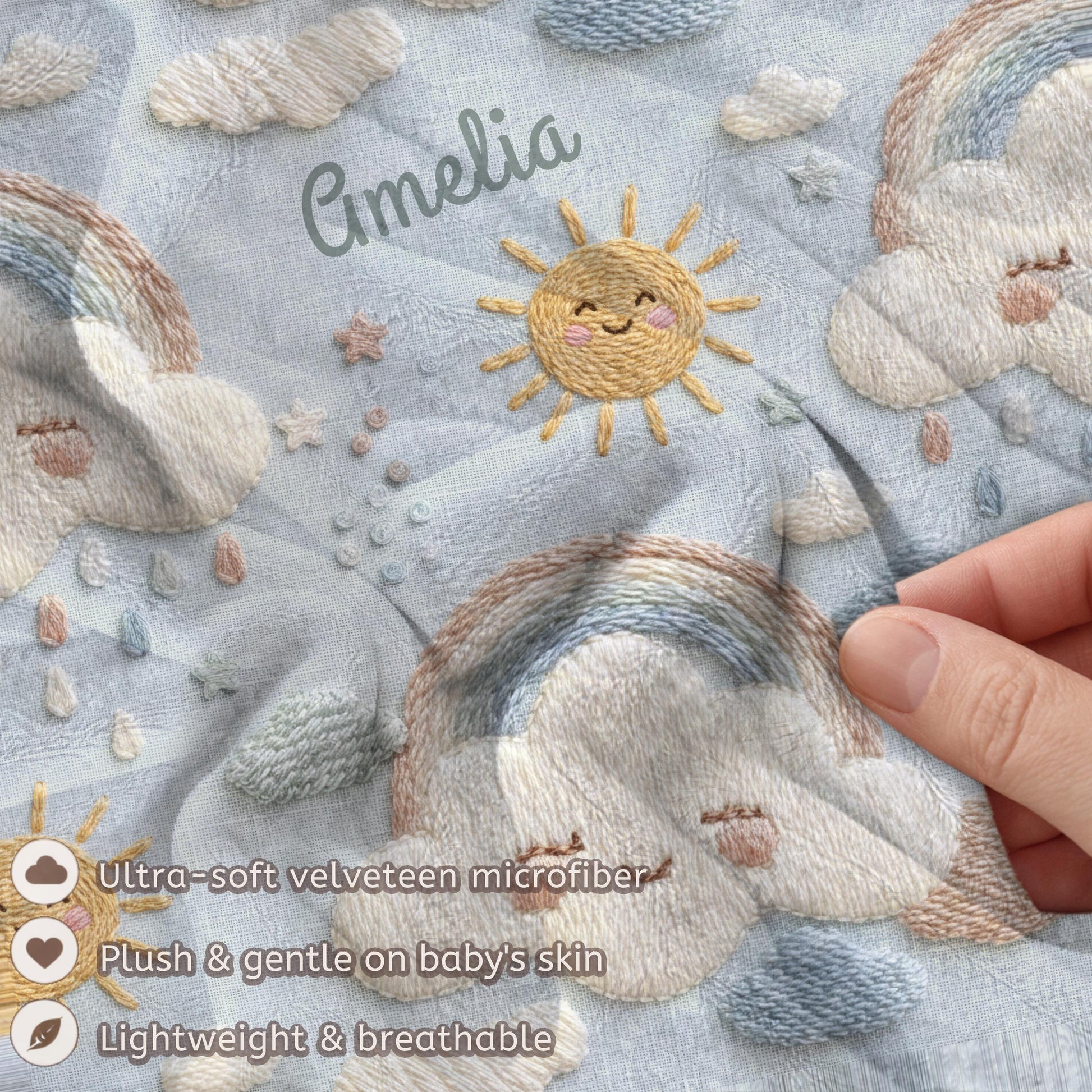 Personalized baby blanket in stitched look with dreamy clouds and rainbow. Soft neutral nursery decor and unique baby shower gift.