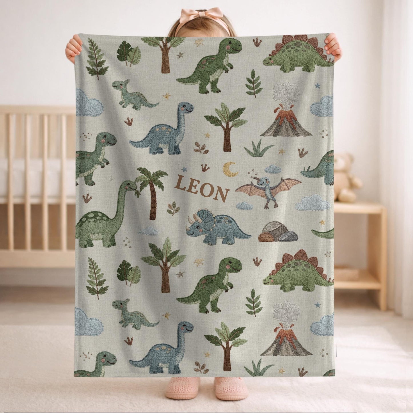 Personalized Dinosaur Baby Blanket with Name • Embroidered Look Dino Nursery • Neutral Kids Blanket • T-Rex Gift