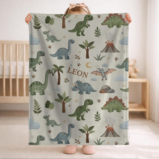 Personalized Dinosaur Baby Blanket with Name • Embroidered Look Dino Nursery • Neutral Kids Blanket • T-Rex Gift