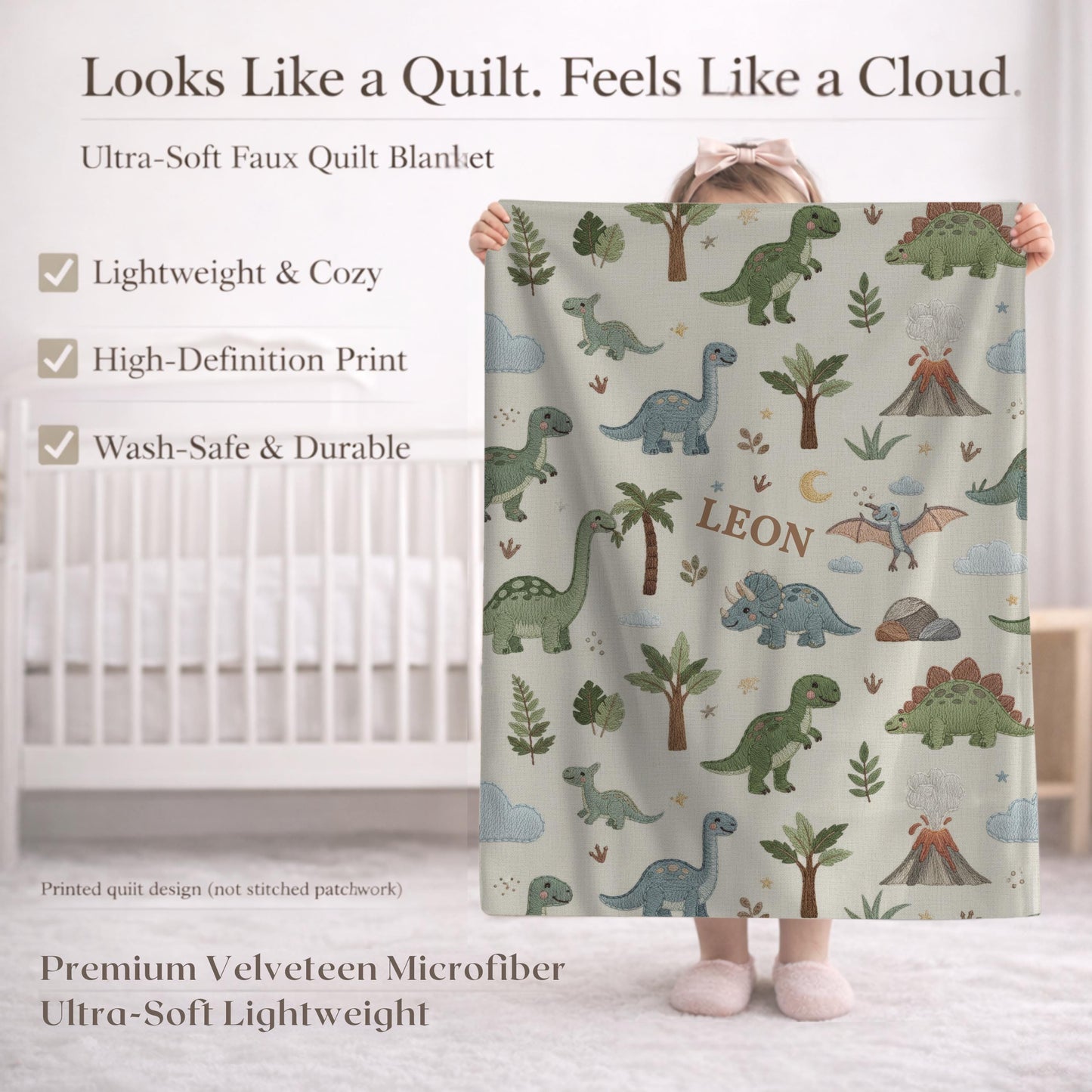Personalized Dinosaur Baby Blanket with Name • Embroidered Look Dino Nursery • Neutral Kids Blanket • T-Rex Gift