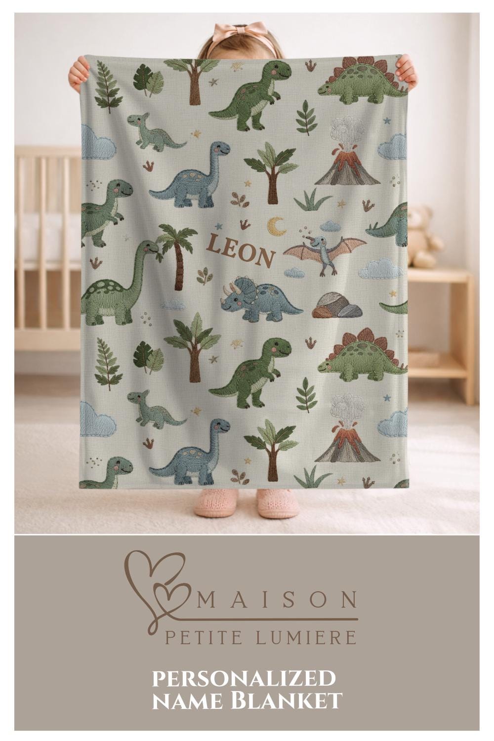 Personalized Dinosaur Baby Blanket with Name • Embroidered Look Dino Nursery • Neutral Kids Blanket • T-Rex Gift