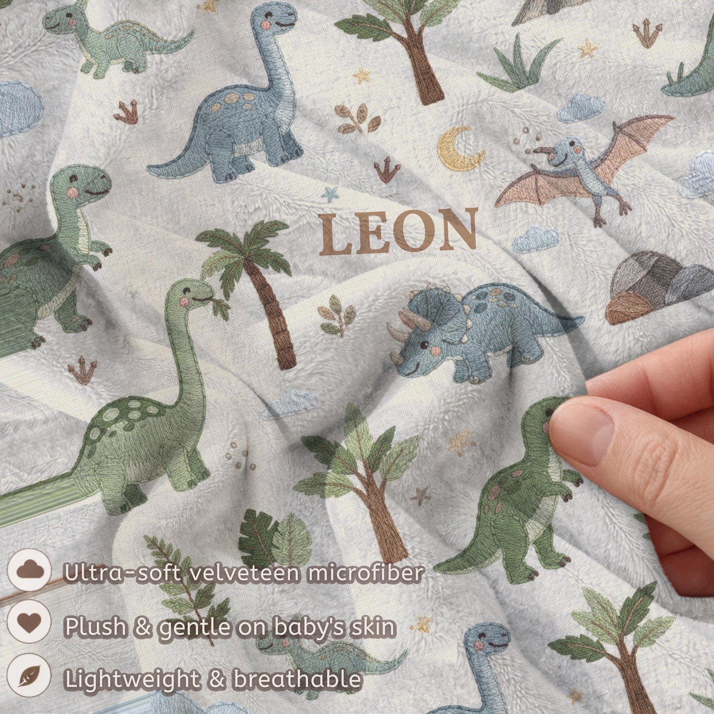 Personalized Dinosaur Baby Blanket with Name • Embroidered Look Dino Nursery • Neutral Kids Blanket • T-Rex Gift