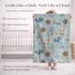 Personalized baby blanket with name in embroidery look. Sweet animals, hot air balloon & boat in calm earth tones – soft velveteen for nurseries.