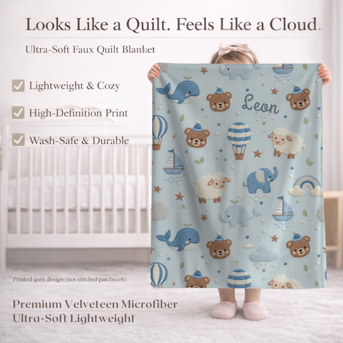 Personalized baby blanket with name in embroidery look. Sweet animals, hot air balloon & boat in calm earth tones – soft velveteen for nurseries.