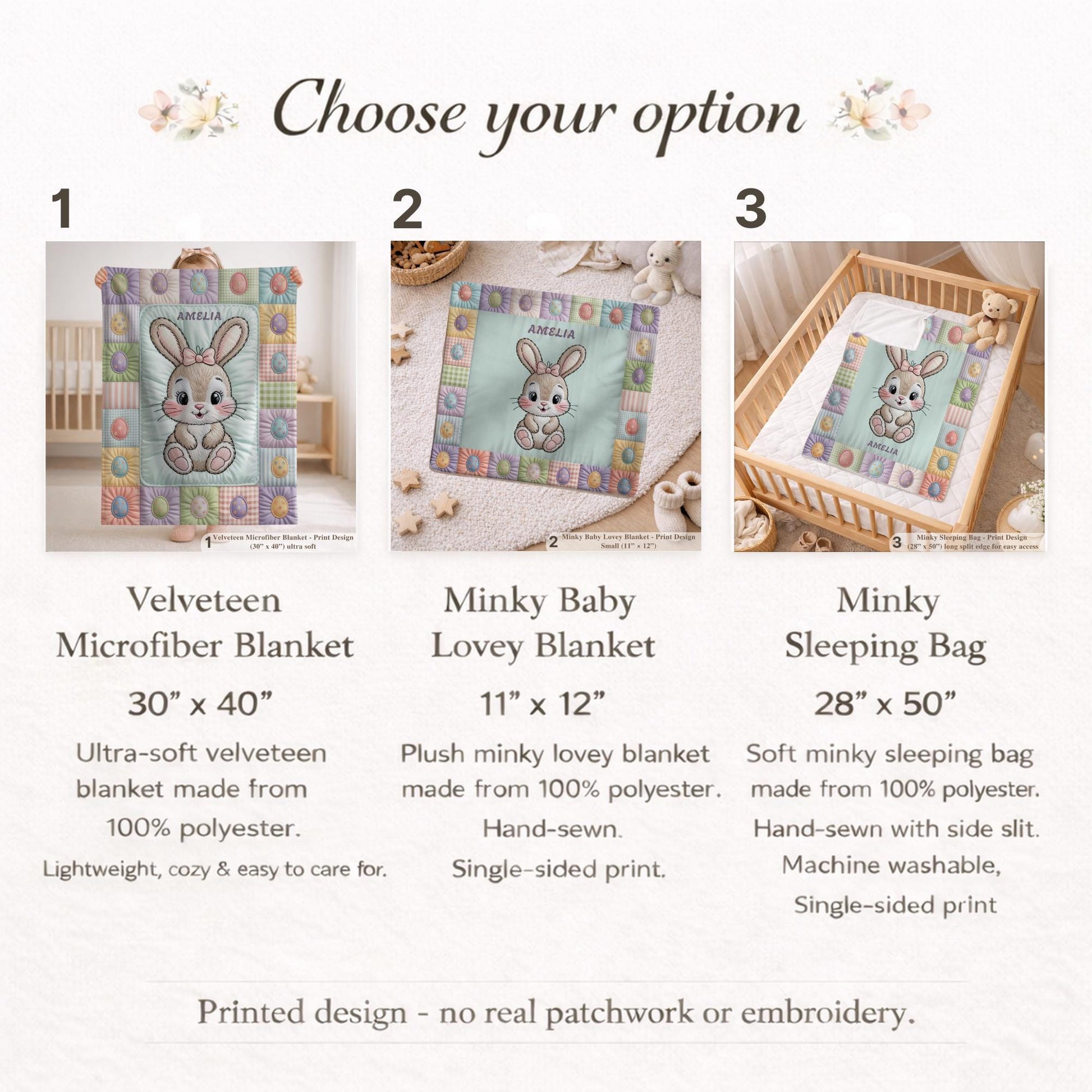 Personalized baby blanket with name in a patchwork quilt look featuring an Easter bunny. Soft pastel tones – velveteen, minky or sleeping bag.