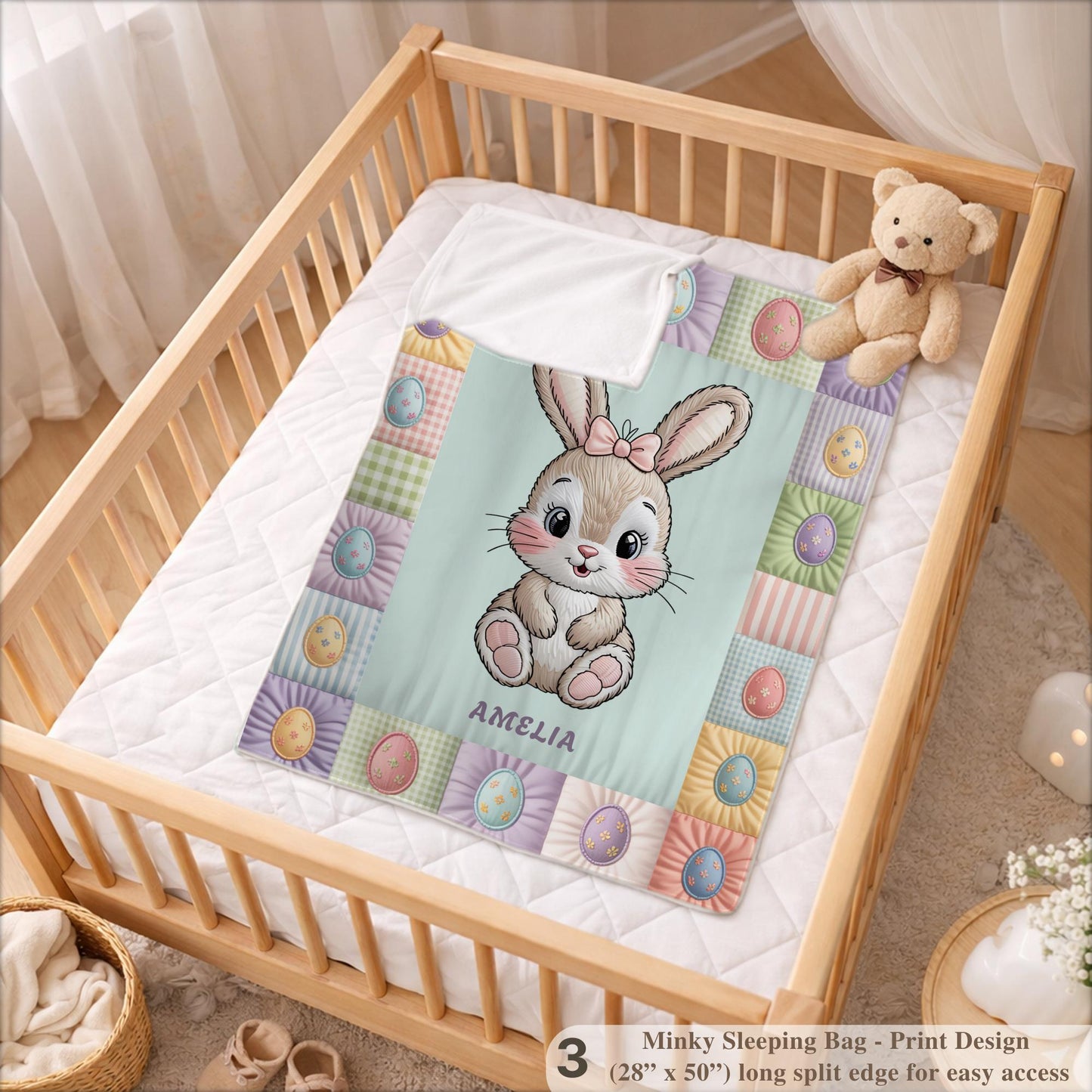 Personalized baby blanket with name in a patchwork quilt look featuring an Easter bunny. Soft pastel tones – velveteen, minky or sleeping bag.