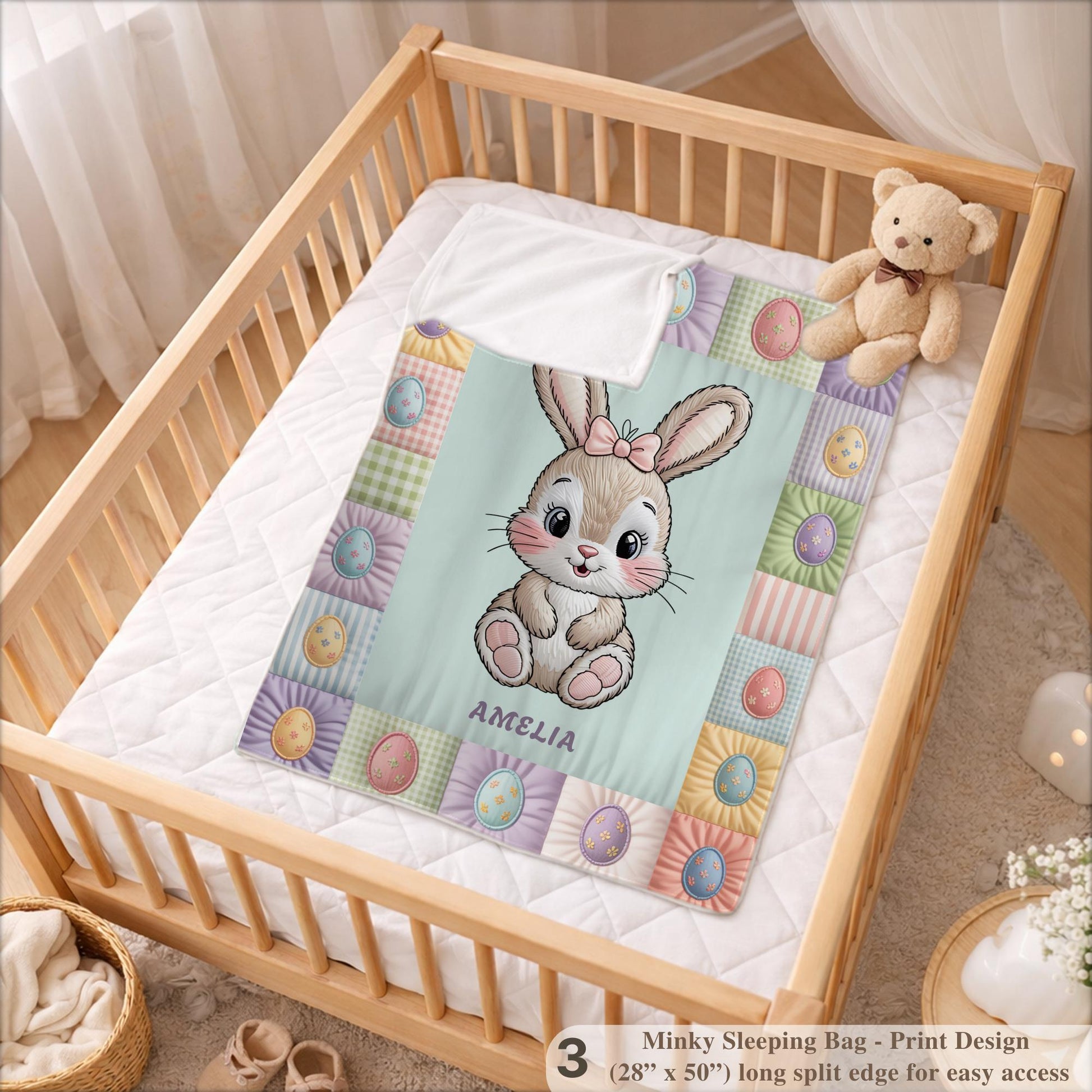 Personalized baby blanket with name in a patchwork quilt look featuring an Easter bunny. Soft pastel tones – velveteen, minky or sleeping bag.