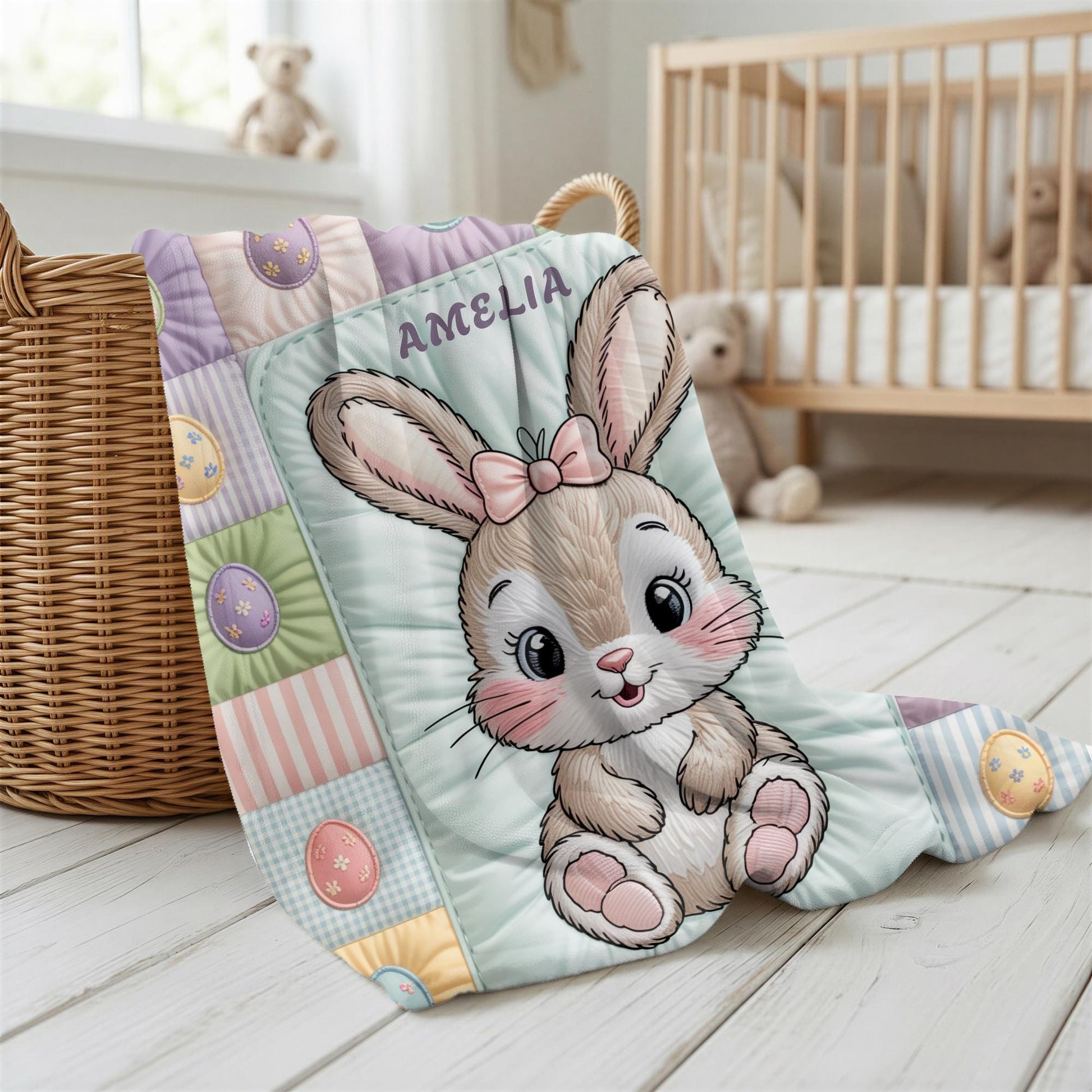 Personalized baby blanket with name in a patchwork quilt look featuring an Easter bunny. Soft pastel tones – velveteen, minky or sleeping bag.