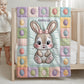 Personalized baby blanket with name in a patchwork quilt look featuring an Easter bunny. Soft pastel tones – velveteen, minky or sleeping bag.