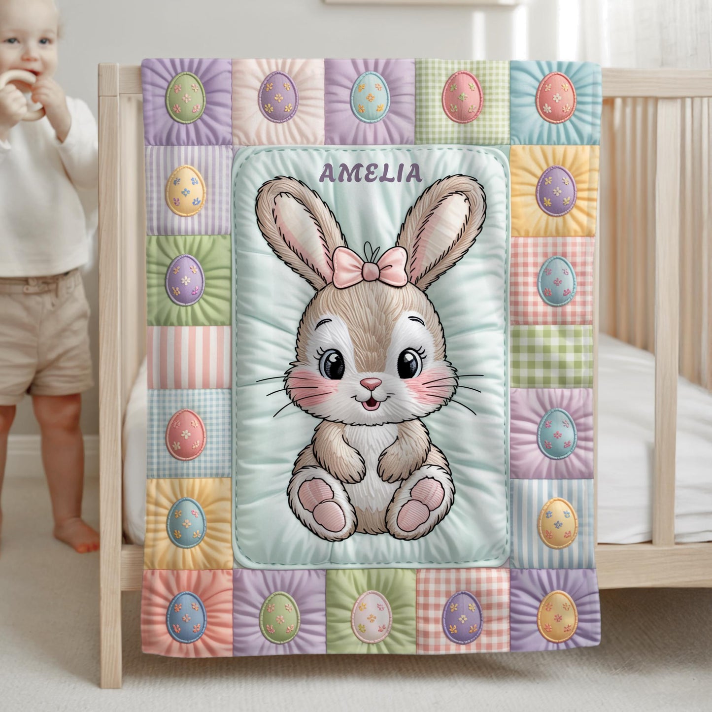 Personalized baby blanket with name in a patchwork quilt look featuring an Easter bunny. Soft pastel tones – velveteen, minky or sleeping bag.