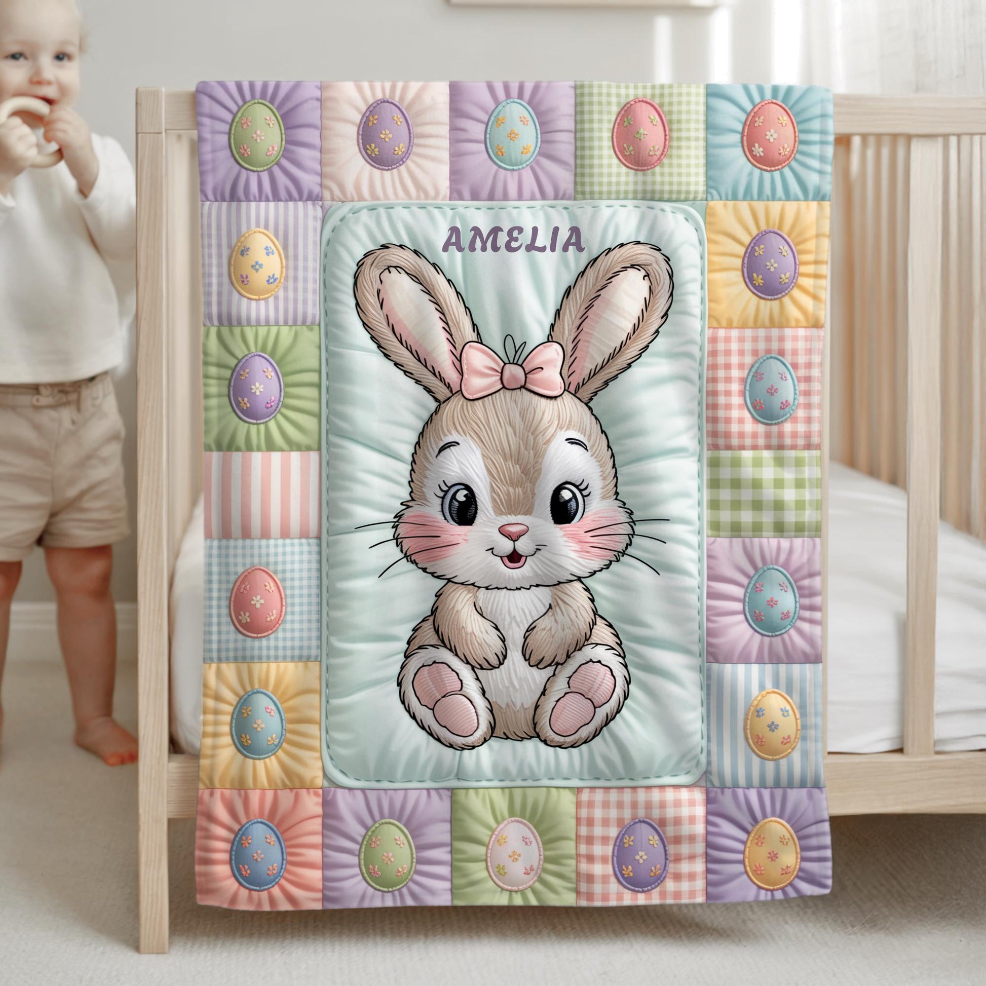 Personalized baby blanket with name in a patchwork quilt look featuring an Easter bunny. Soft pastel tones – velveteen, minky or sleeping bag.