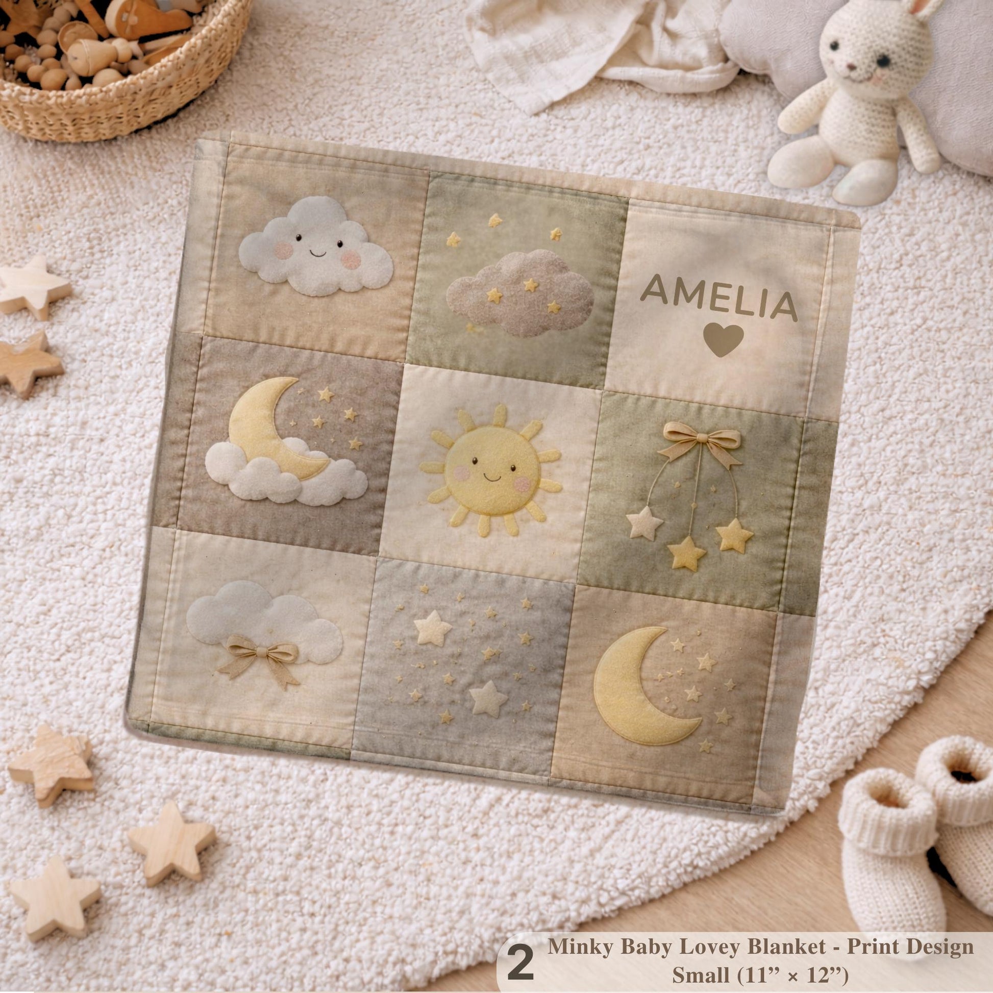Personalized patchwork look baby blanket with clouds, sun, moon and stars in a soft quilt-style design. Neutral nursery colors with custom name.