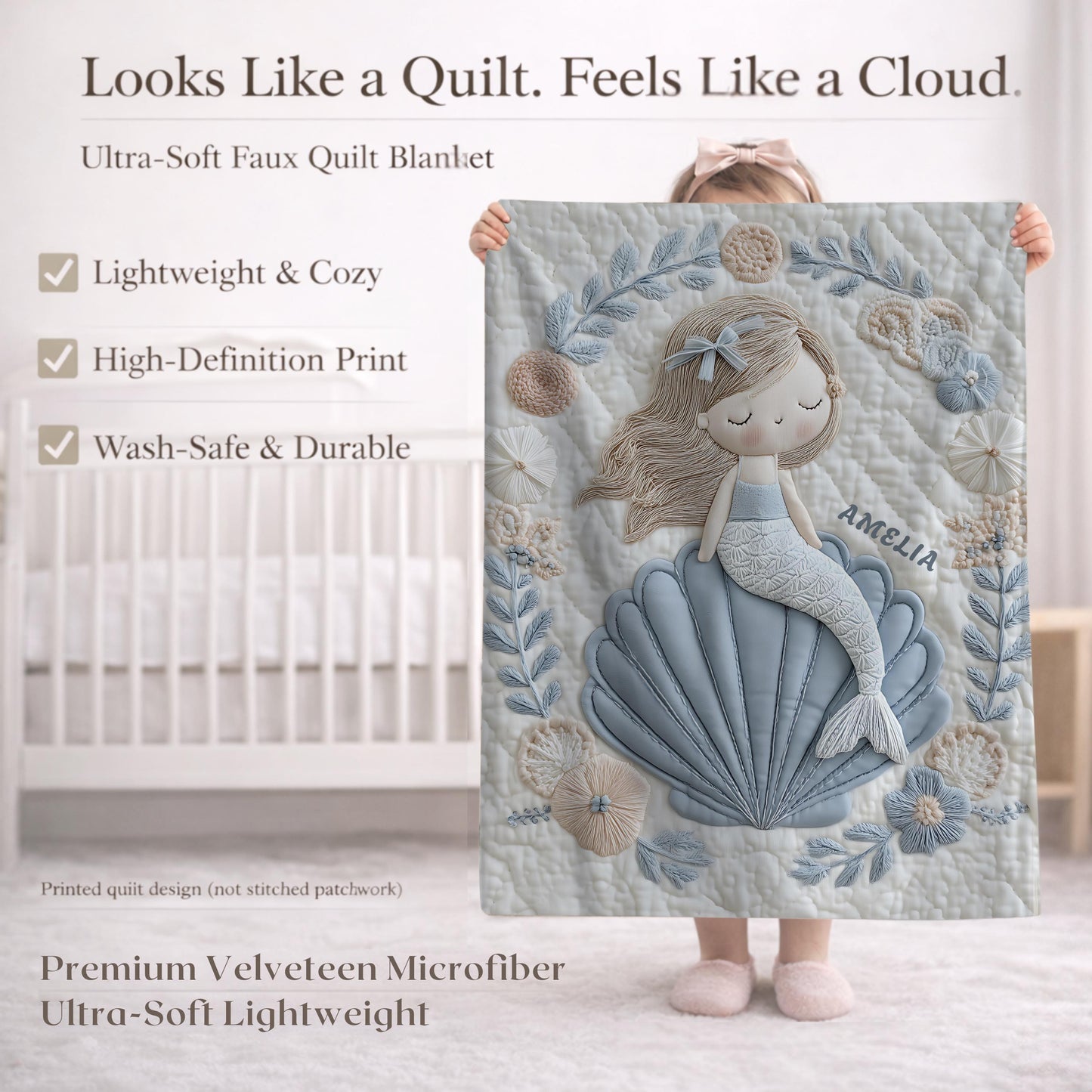 Soft embroidered-look mermaid baby blanket with a calm mermaid seashell design and pastel florals. Neutral tones, cozy fabric — a boutique newborn gift for serene, modern nursery decor.