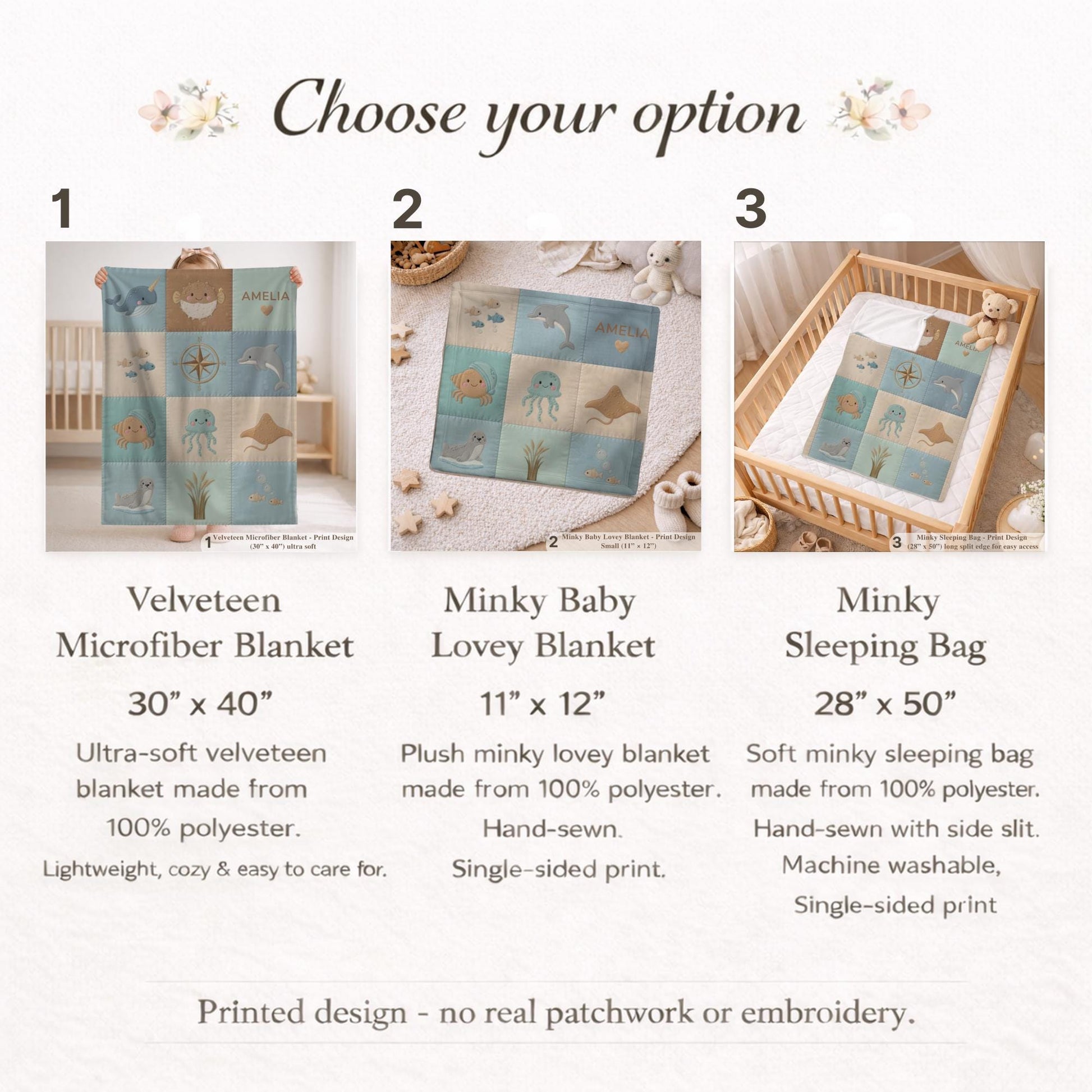 Personalized Baby Blanket in Patchwork Quilt Look with Sea Animals. Neutral Colors with Name.