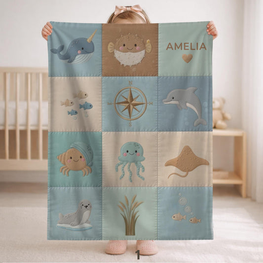 Personalized Baby Blanket in Patchwork Quilt Look with Sea Animals. Neutral Colors with Name.