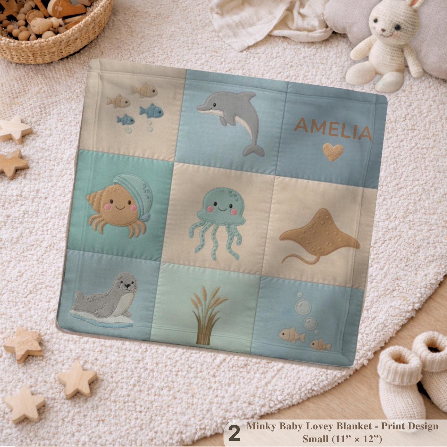 Personalized Baby Blanket in Patchwork Quilt Look with Sea Animals. Neutral Colors with Name.