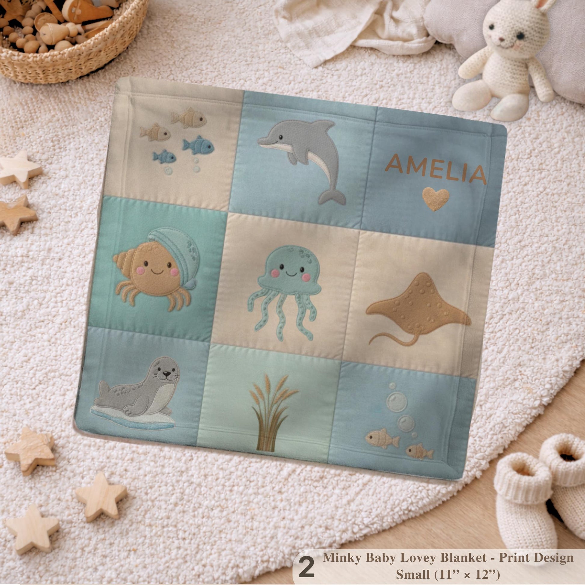 Personalized Baby Blanket in Patchwork Quilt Look with Sea Animals. Neutral Colors with Name.