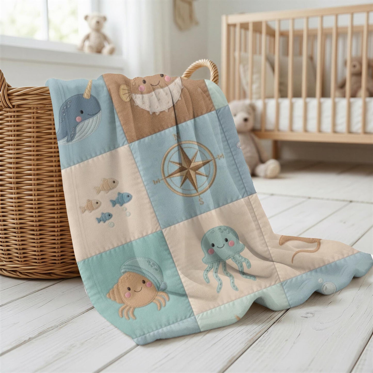 Personalized Baby Blanket in Patchwork Quilt Look with Sea Animals. Neutral Colors with Name.