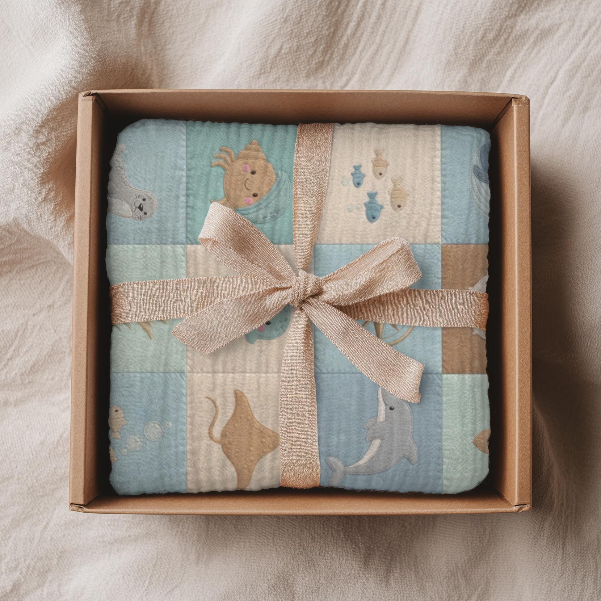 Personalized Baby Blanket in Patchwork Quilt Look with Sea Animals. Neutral Colors with Name.