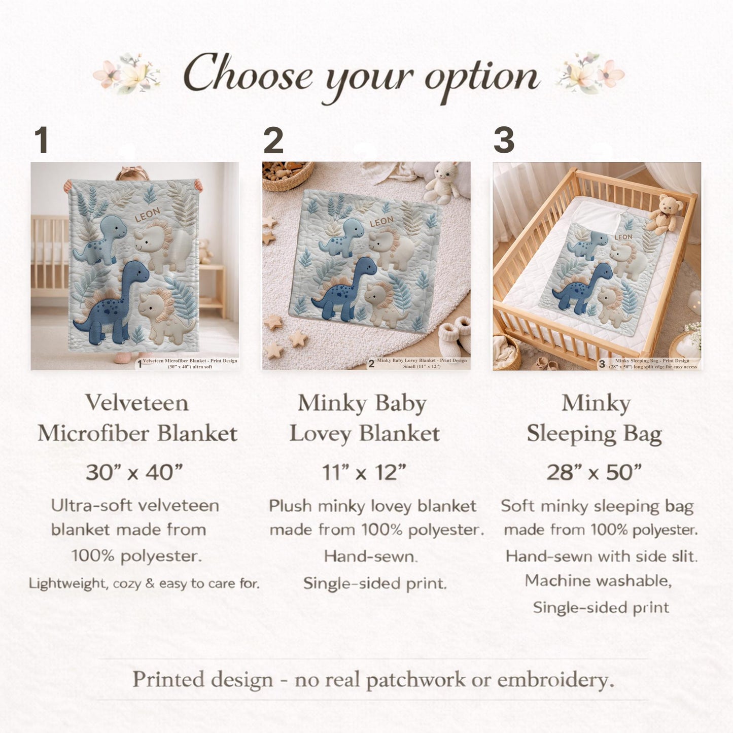 Personalized Dinosaur Baby Blanket with Name. Soft natural colors, embroidered-look design – a loving gift for a newborn or baptism.