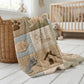 Personalized baby blanket with name in a patchwork look with sweet kitten motifs in neutral tones. Printed quilt style for cozy modern nurseries.
