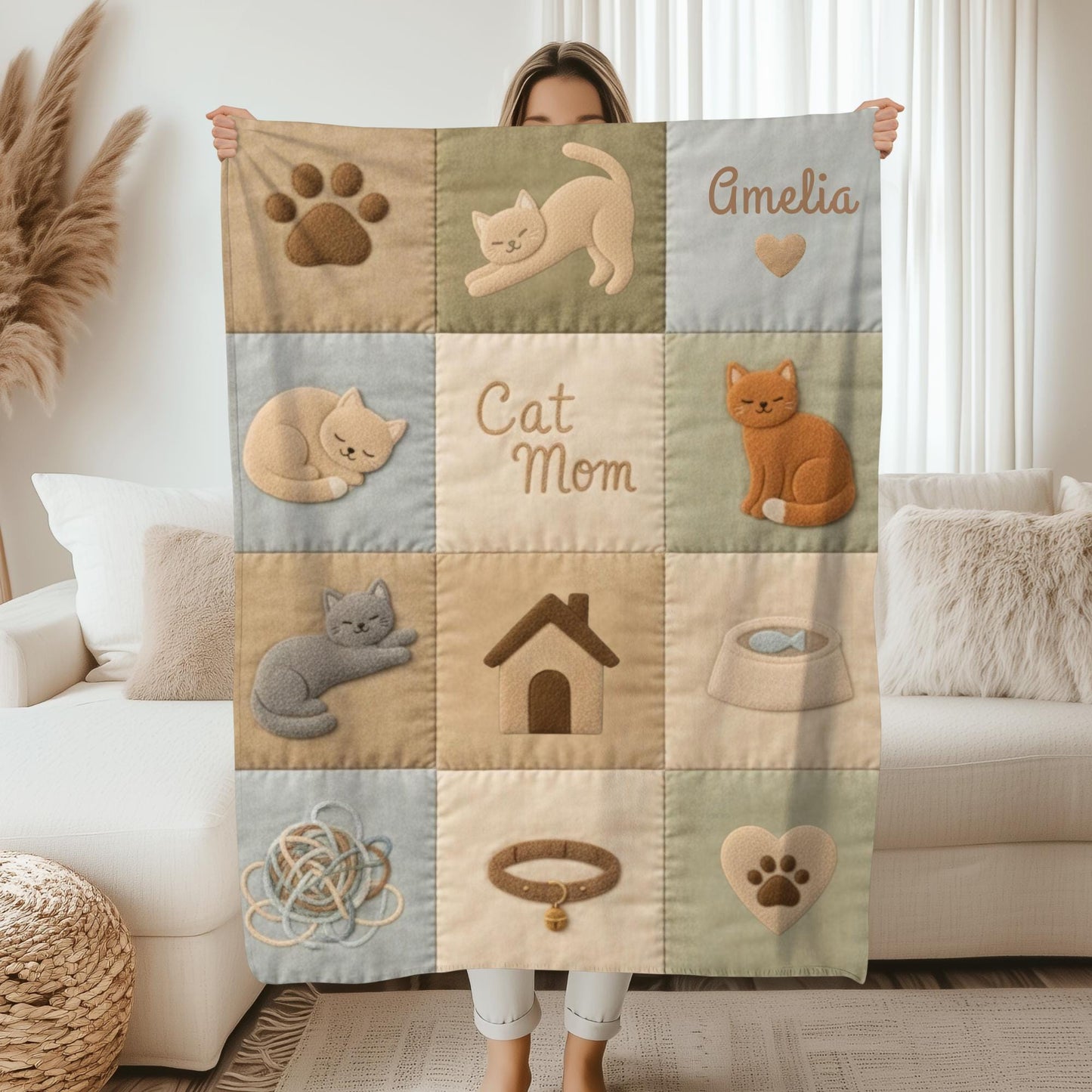 Personalized baby blanket with name in a patchwork look with sweet kitten motifs in neutral tones. Printed quilt style for cozy modern nurseries.