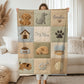 Personalized baby blanket with name in a patchwork look with cute puppy motifs in neutral tones. Printed quilt style for cozy modern nurseries.