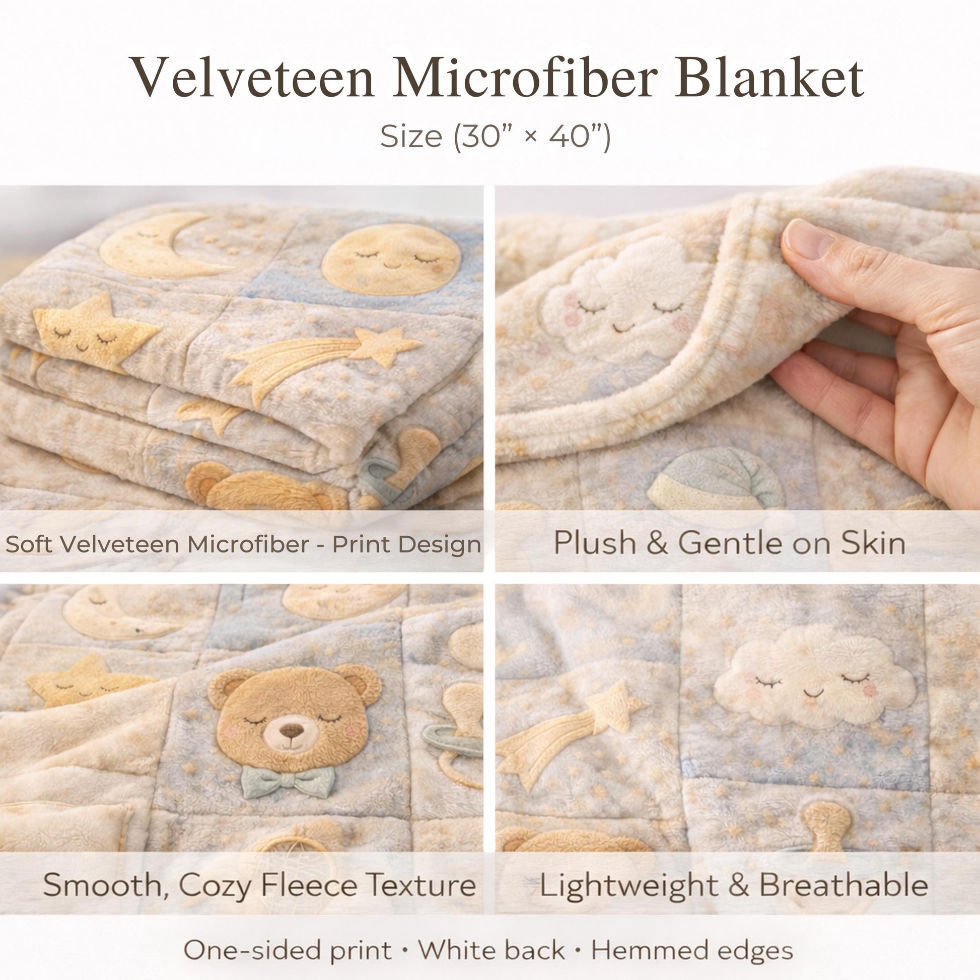 Personalized baby blanket with name in a patchwork look with cute puppy motifs in neutral tones. Printed quilt style for cozy modern nurseries.