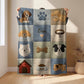 Personalized baby blanket in a patchwork design with sweet dog motifs in calm neutral tones. Printed quilt look for cozy modern nurseries.